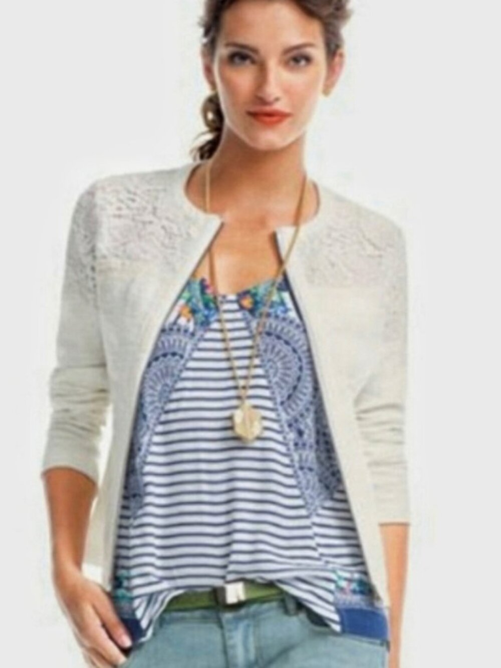 CAbi Cream Lace-Overlay Trim Zip Front Blazer Moto Jacket Medium - Picture 3 of 13